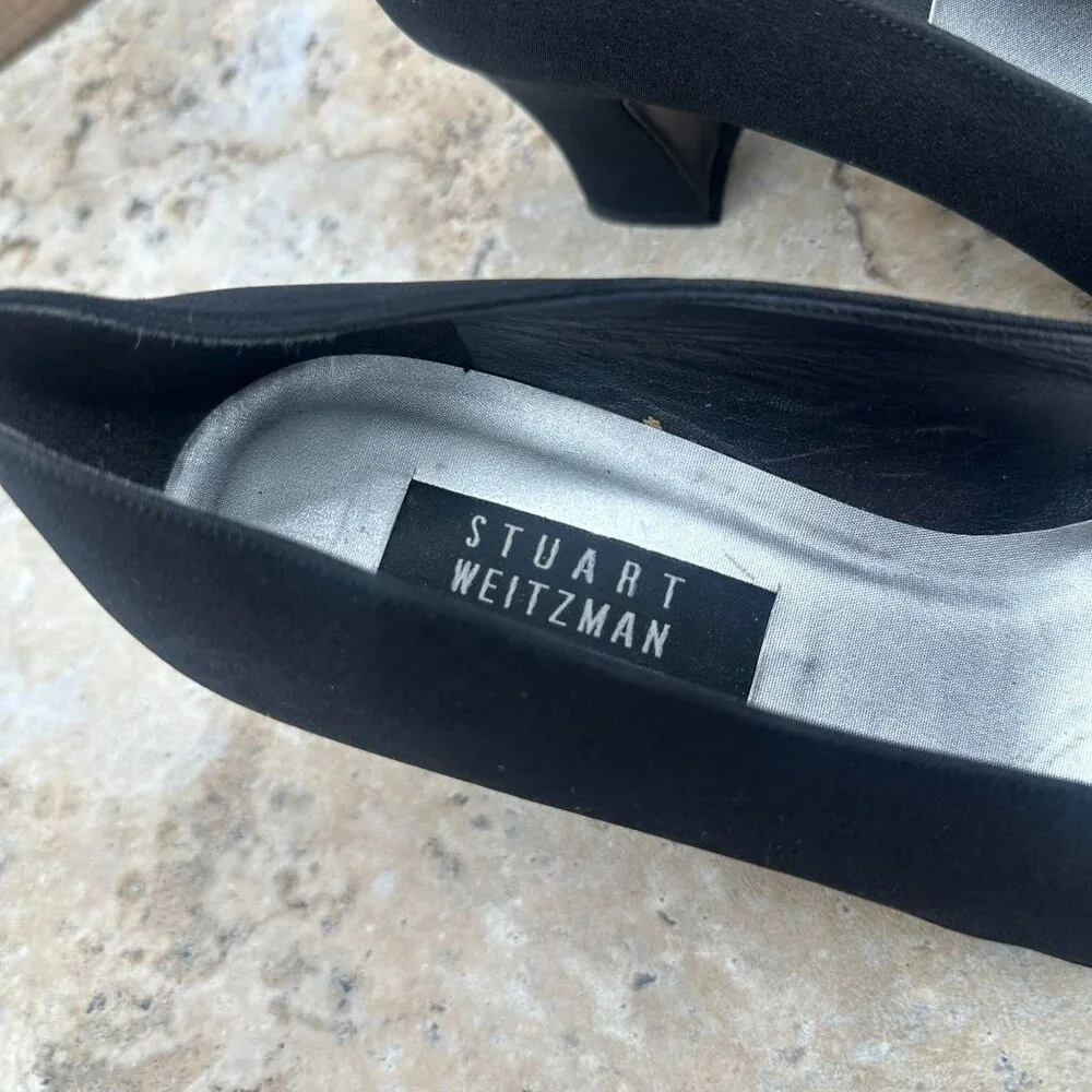 Stuart Weitzman Pumps Womens 9.5B Black Square Toe Heels Textile/Leather - Picture 6 of 10
